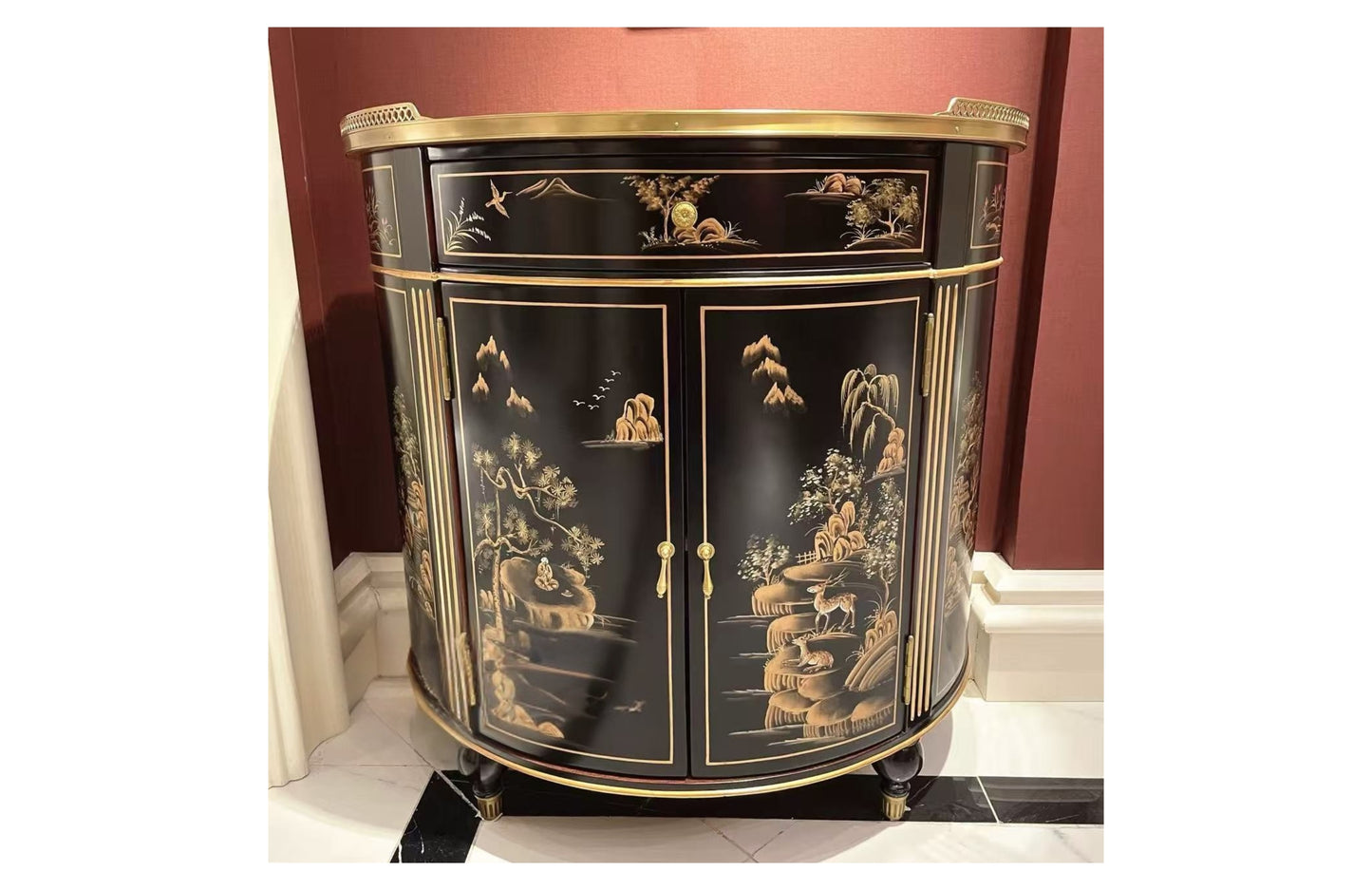 Chinoiserie Black Lacquer Demilune Cabinet