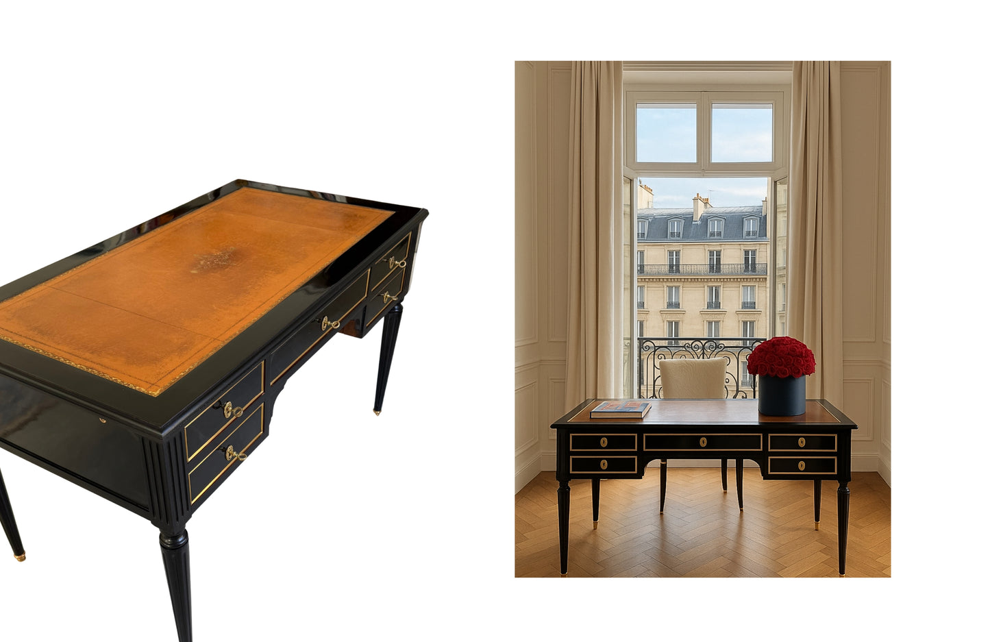 Louis XVI Black-Lacquer Writing Desk with Cognac Leather Top