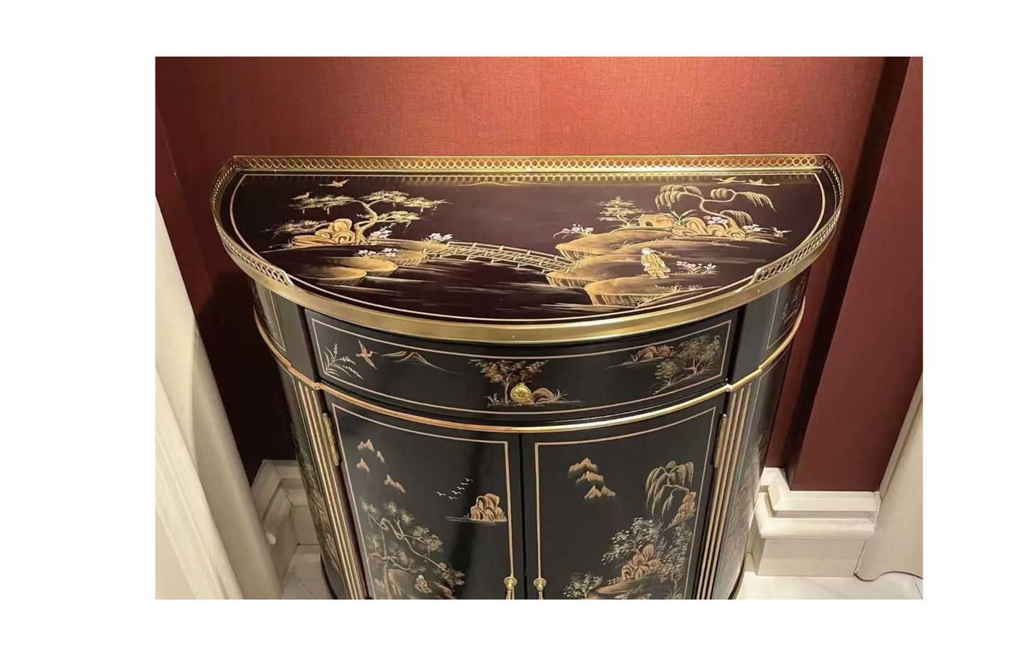Chinoiserie Black Lacquer Demilune Cabinet