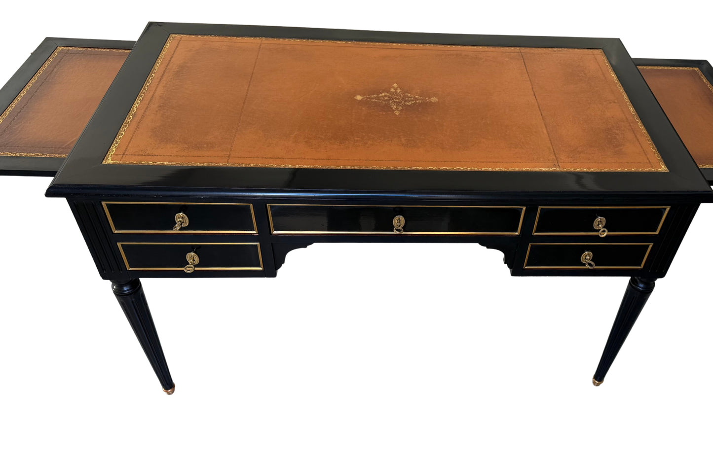 Louis XVI Black-Lacquer Writing Desk with Cognac Leather Top