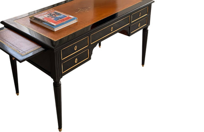 Louis XVI Black-Lacquer Writing Desk with Cognac Leather Top