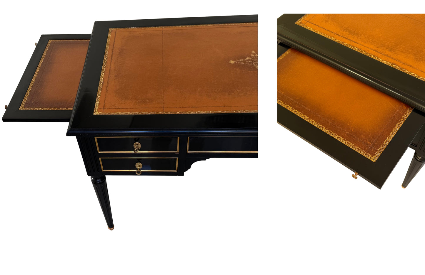 Louis XVI Black-Lacquer Writing Desk with Cognac Leather Top