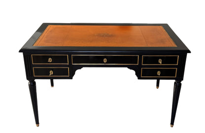 Louis XVI Black-Lacquer Writing Desk with Cognac Leather Top