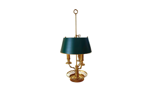 Antique Brass Bouillotte Table Lamp - Green Tole Shade