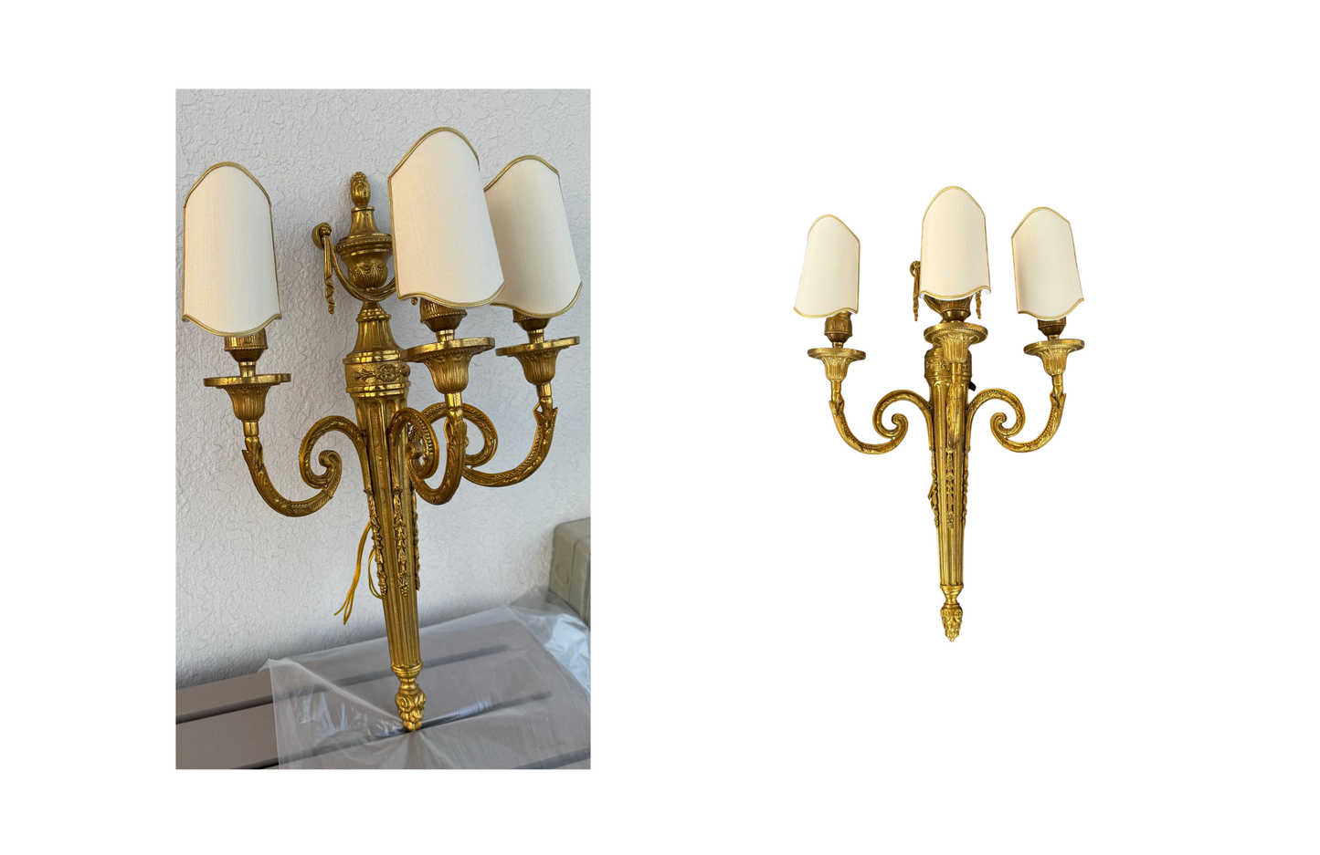 Louis XVI Gilt Bronze Triple-Arm Wall Sconce — Ivory Shades