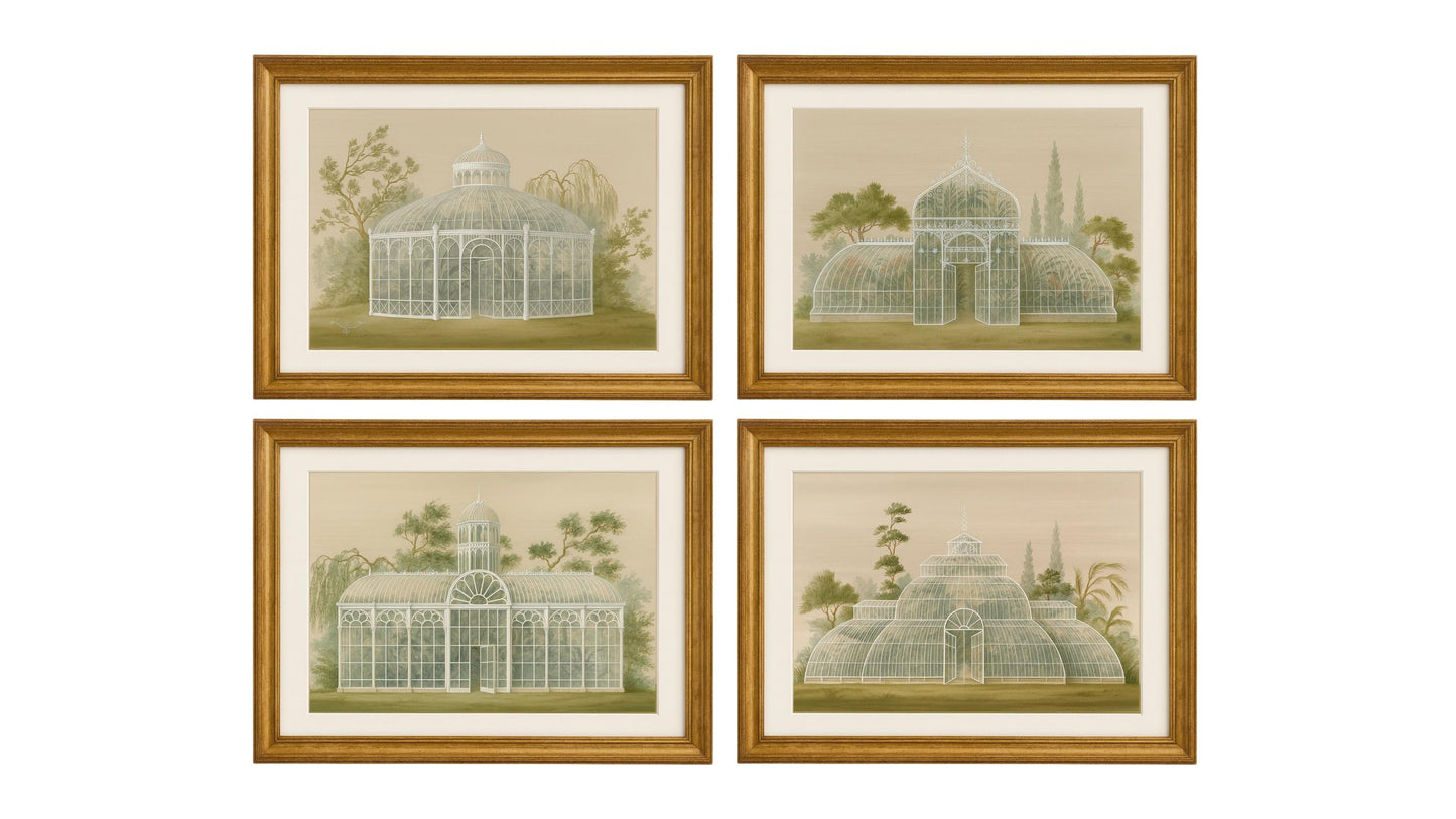 Four framed illustrations of greenhouses on a beige background